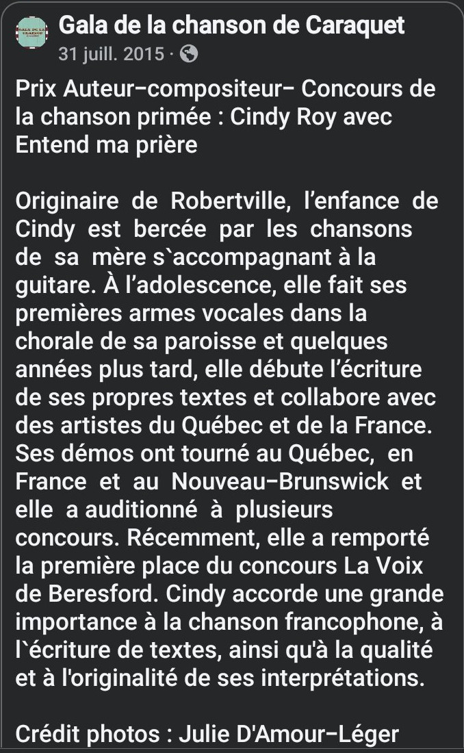 Publication du Gala de la chanson de Caraquet du 31 juillet 2015 annonçant le prix Auteur-compositeur remis à Cindy Roy pour Entend ma prière