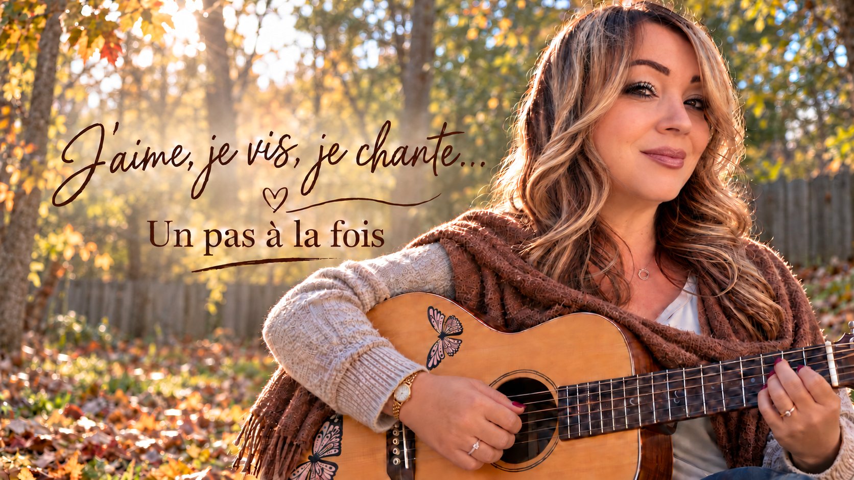 Cindy Roy à la guitare dans un décor d’automne doré, un grand foulard brun sur l’épaule et des papillons sur sa guitare, avec l’inscription manuscrite « J’aime, je vis, je chante… Un pas à la fois »