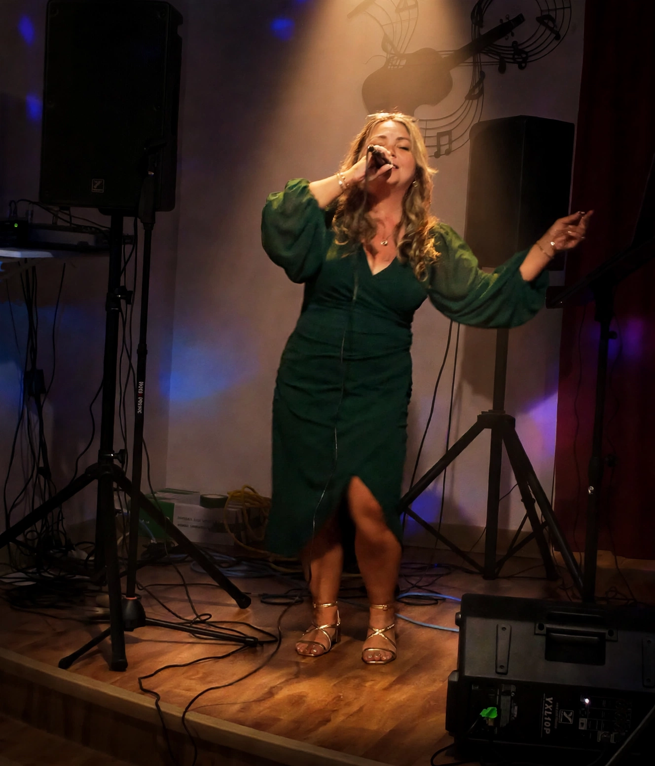Cindy Roy chantant en pleine note sur scène, en robe verte et talons dorés, sous un faisceau de lumière doré aux reflets bleus et mauves