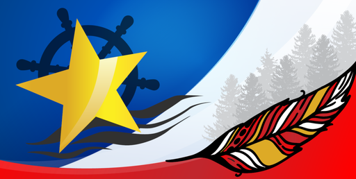 Drapeau officiel de la Ville de Belle-Baie : étoile dorée de l’Acadie et gouvernail sur fond bleu, plume et forêt sur les couleurs acadiennes
