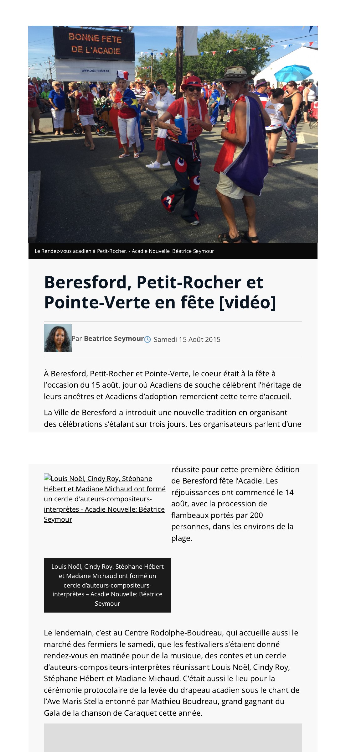 Capture de l’article de L’Acadie Nouvelle du 15 août 2015 sur les fêtes de Beresford, Petit-Rocher et Pointe-Verte