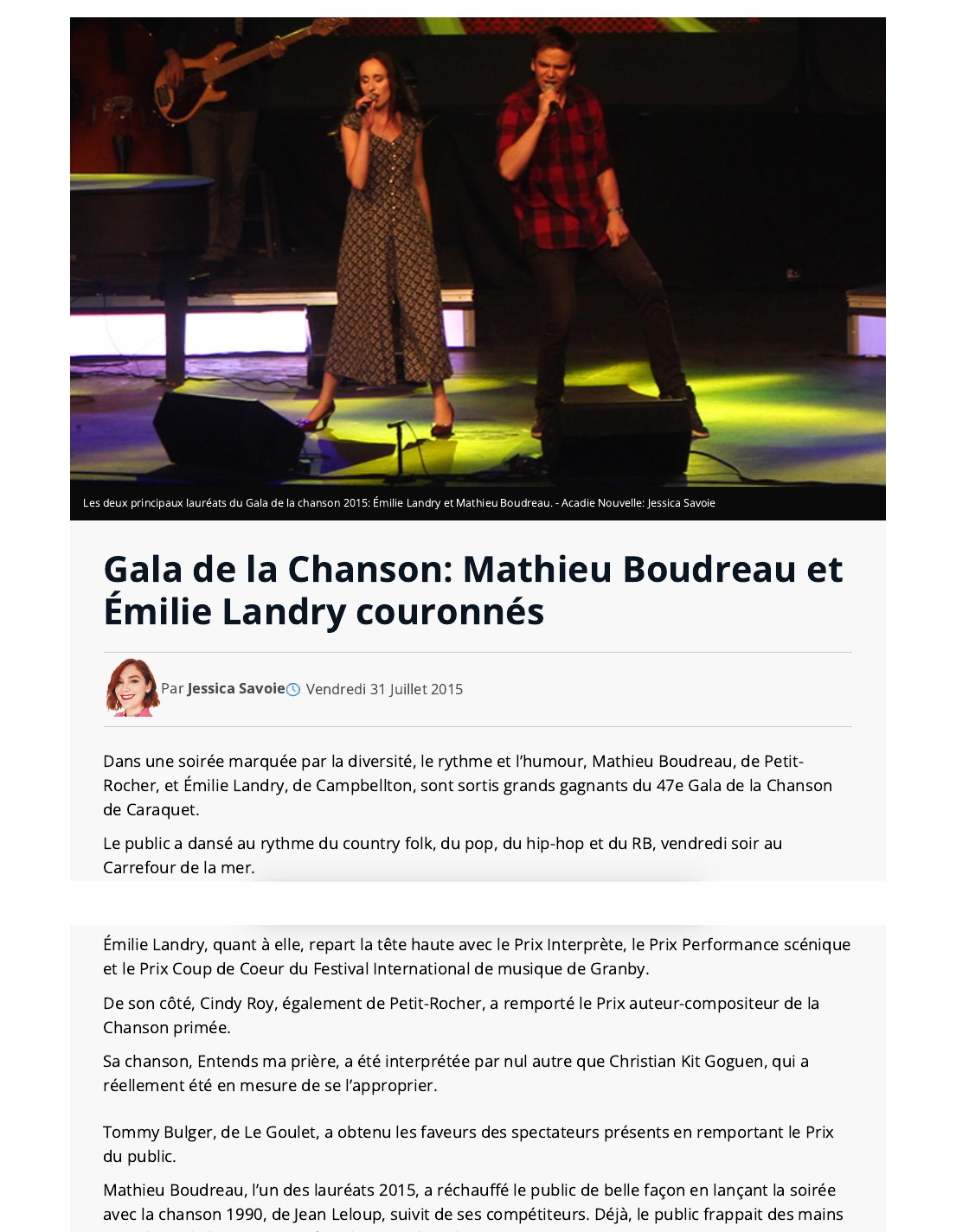 Capture de l’article de L’Acadie Nouvelle du 1er août 2015 sur le Gala de la chanson de Caraquet
