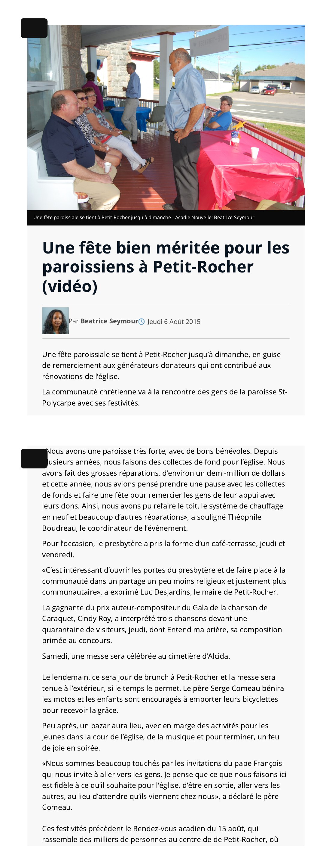 Capture de l’article de L’Acadie Nouvelle du 6 août 2015 sur la fête des paroissiens à Petit-Rocher